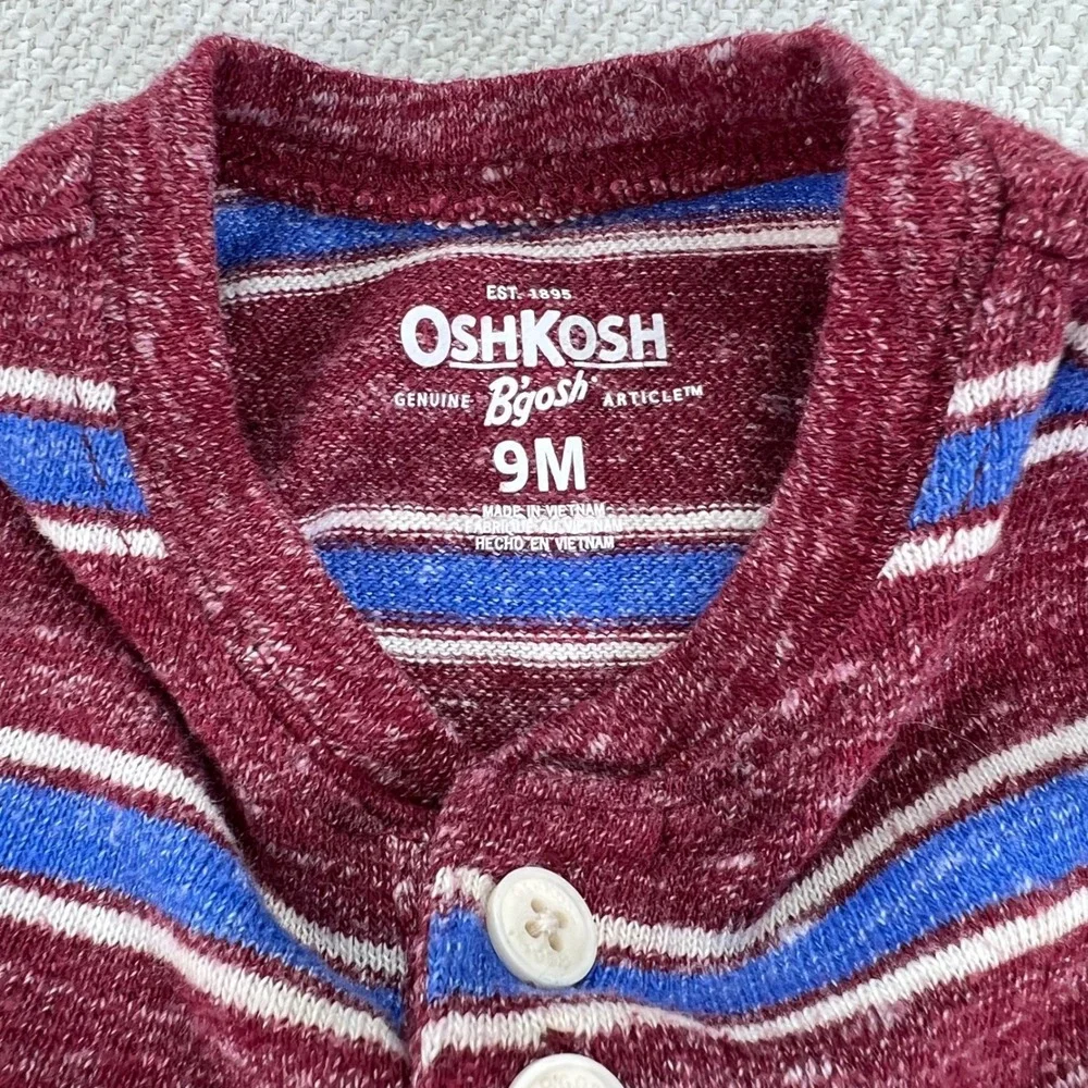 OshKosh B'gosh Henley Shirt Baby Boys 9M Maroon Blue Striped Long Sleeve Top